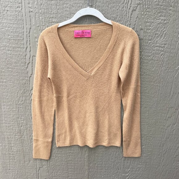 Juicy Couture 100% Cashmere V-Neck Ribbed Long‎ Sleeve Top Tan  Size S/M Holes! - Picture 1 of 6